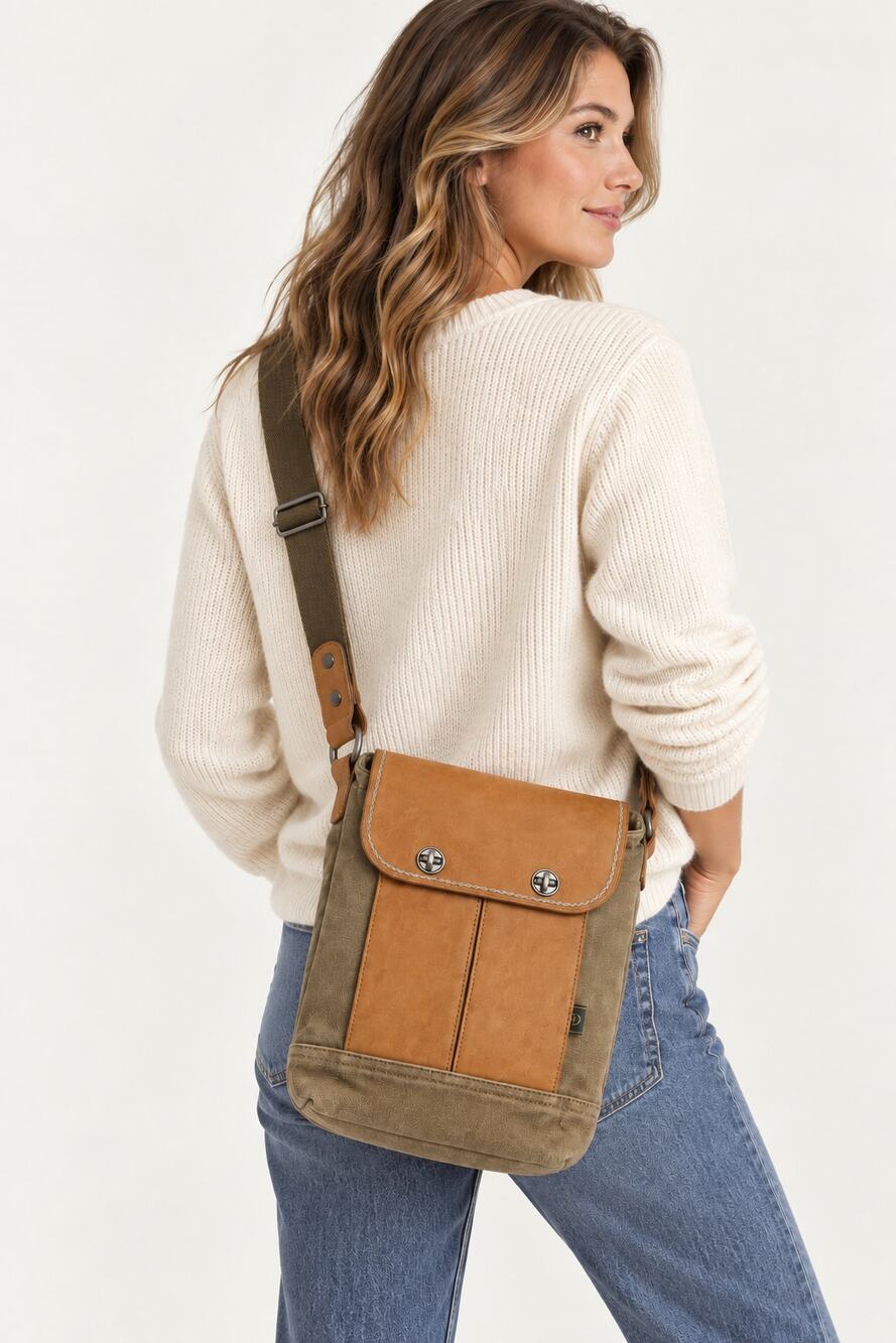 TSD Brand Canvas Leather Valley River Crossbody Messenger Bag  Purse